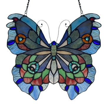 Faire: River of Goods Stained Glass Panels Blue Blue or Colorful Butterfly Tiffany Style Stained Glass Window Hanging 12.5"